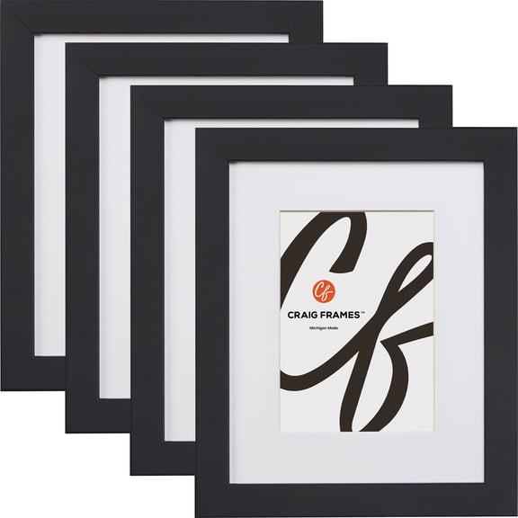 Craig Frames Essentials, 5x7 Inch Black Picture Frame Matted to Display a 4x6 Inch Photo, Set of 4