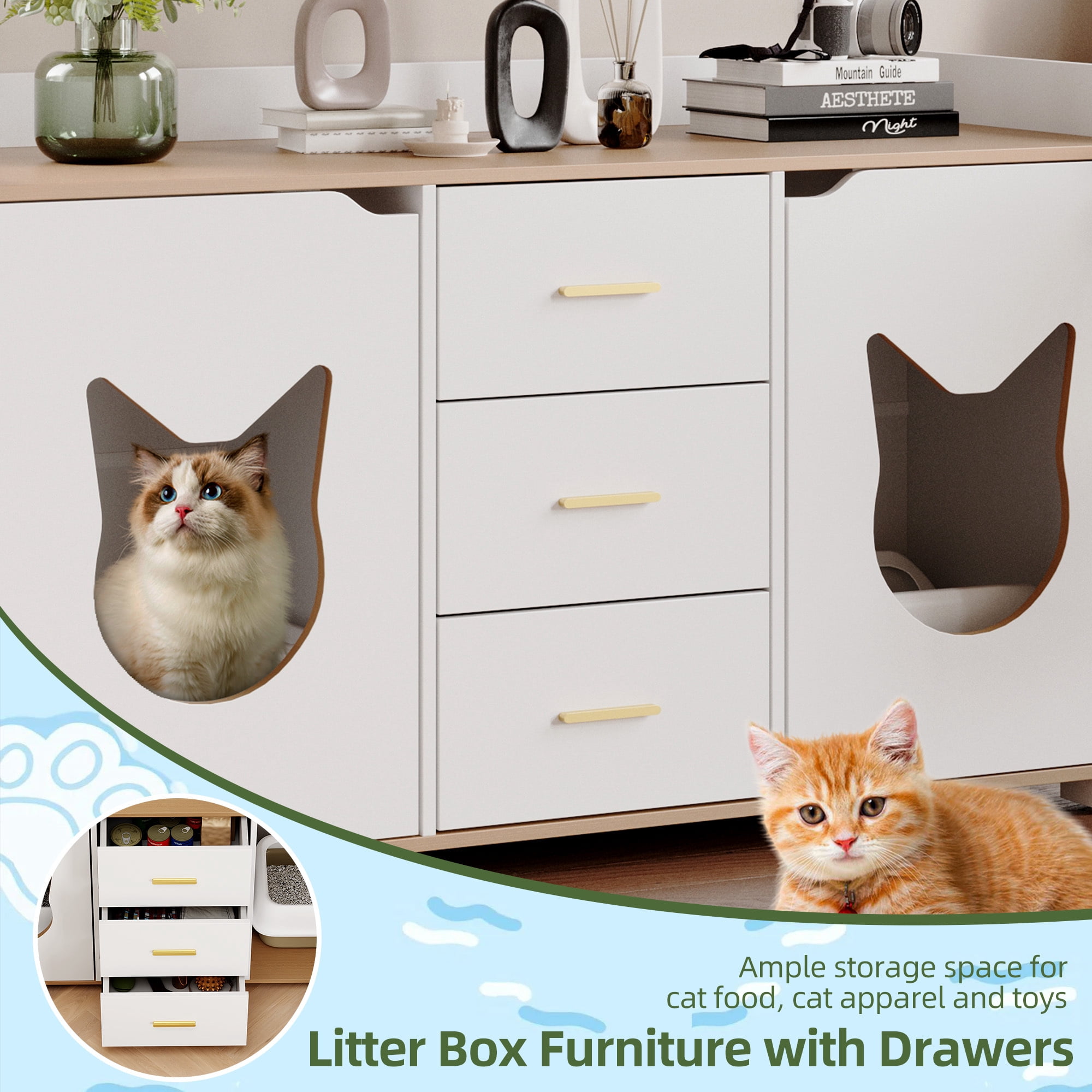 Uforic Litter Box Furniture with 2 Rooms, Wood Cat Litter Box Enclosure Cabinet with Drawer, White