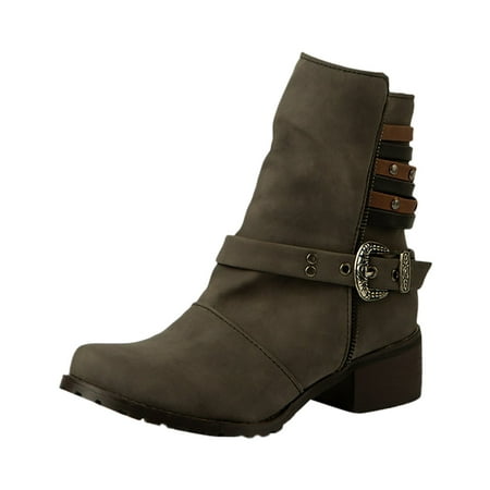 

Women Round Head Solid Color PU Square Heel Vintage Buckle Boots