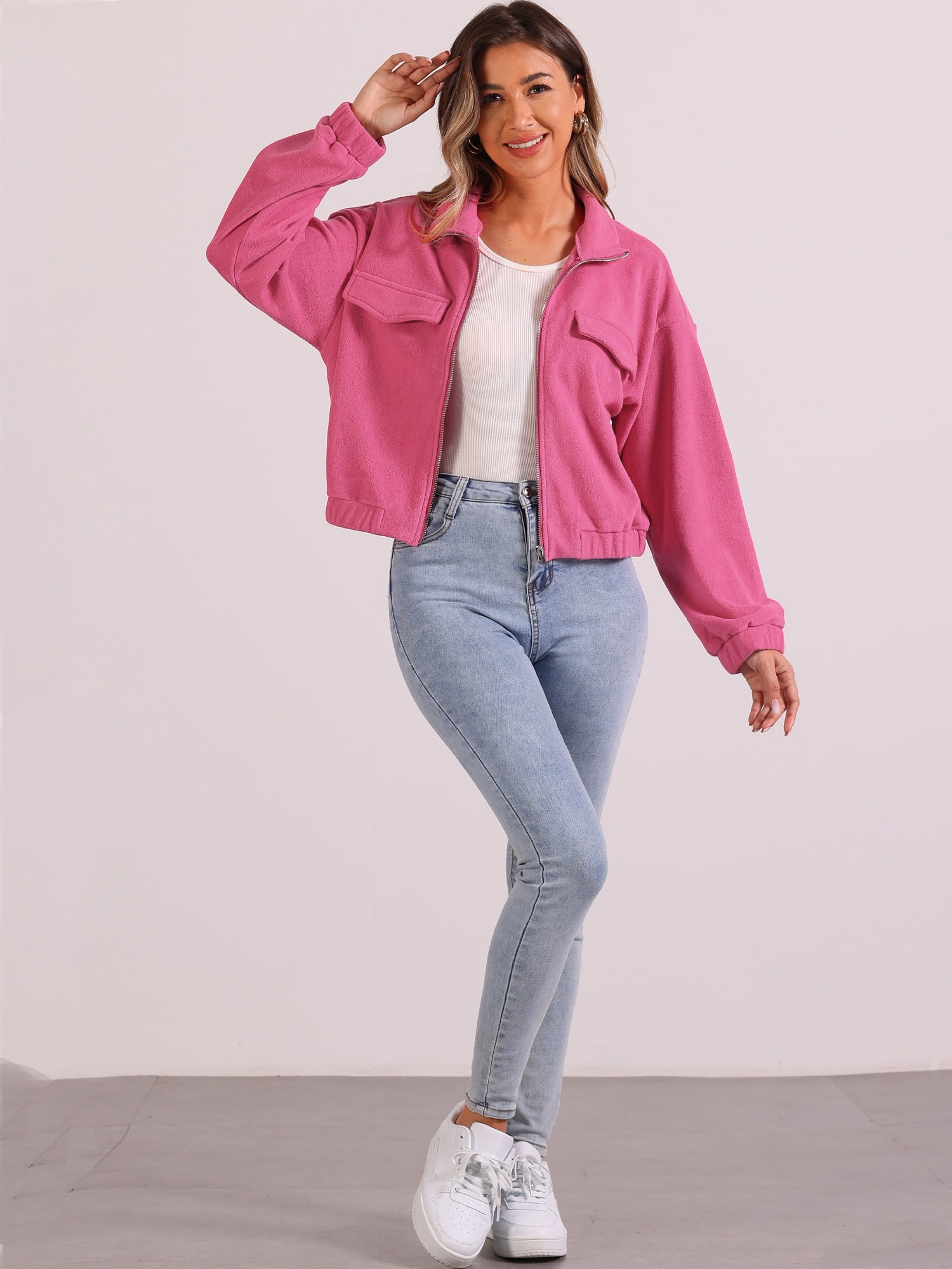 DARING DIVA Fuzzy Short Jacket Stand Collar Casual Crop Coat M Hot Pink