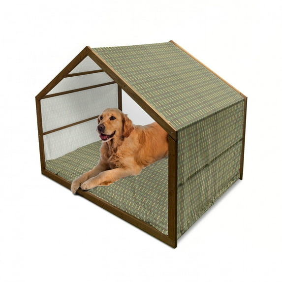Kente Pattern Pet House, Retro Revival Diamond Line Pattern with Vertical Stripes, Outdoor & Indoor Portable Dog Kennel with Pillow and Cover, 5 Sizes, Sea Green Mustard, by Ambesonne