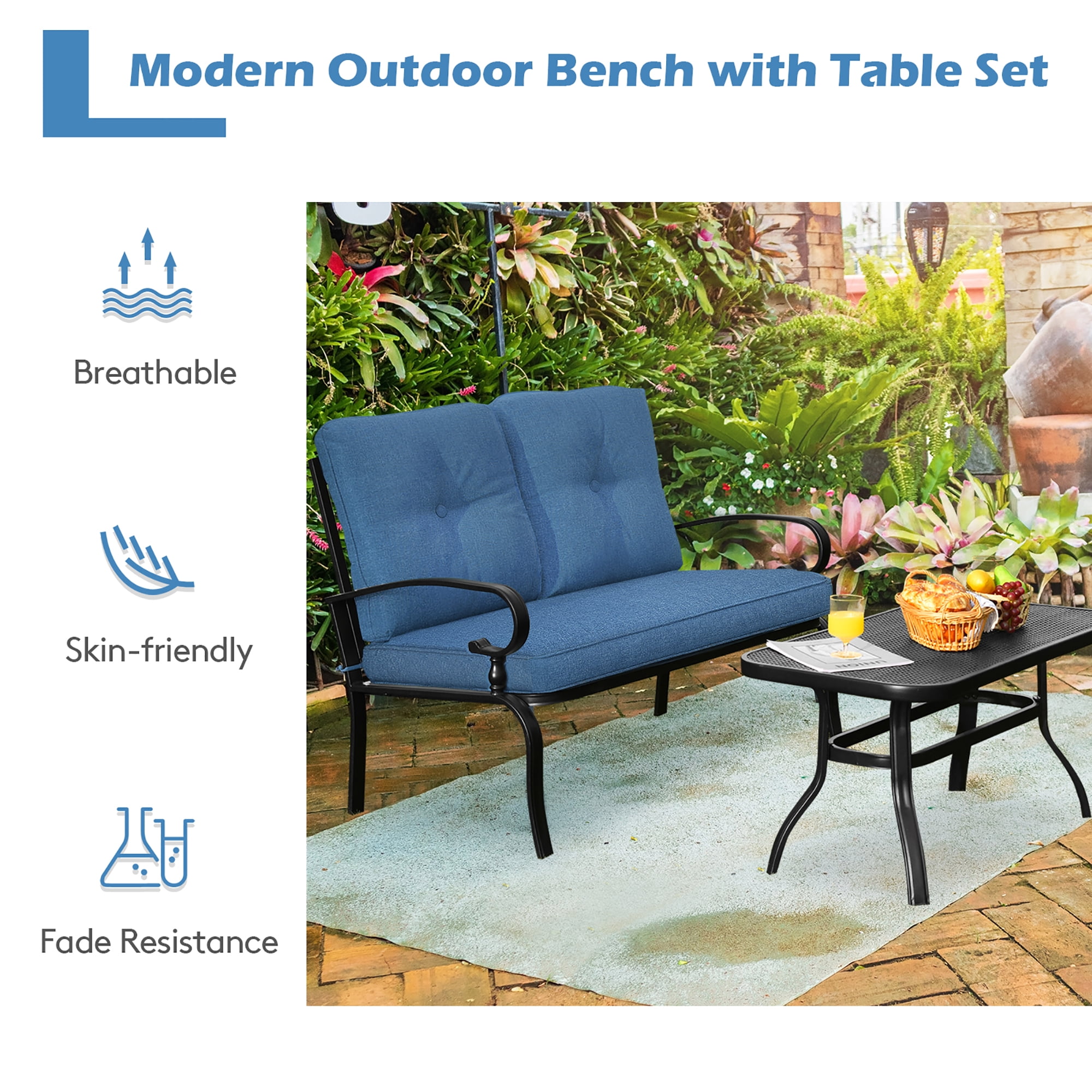 Costway 2PCS Patio Loveseat Bench Table Furniture Set Cushioned Chair Blue