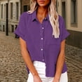 thumbnail image 2 of Linen Button Down Shirt Women! Yigetop Women's Spring Autumn Casual Double Pocket Short Sleeve Cotton Shirt Top Linen Shirts for Women Purple S, 2 of 9