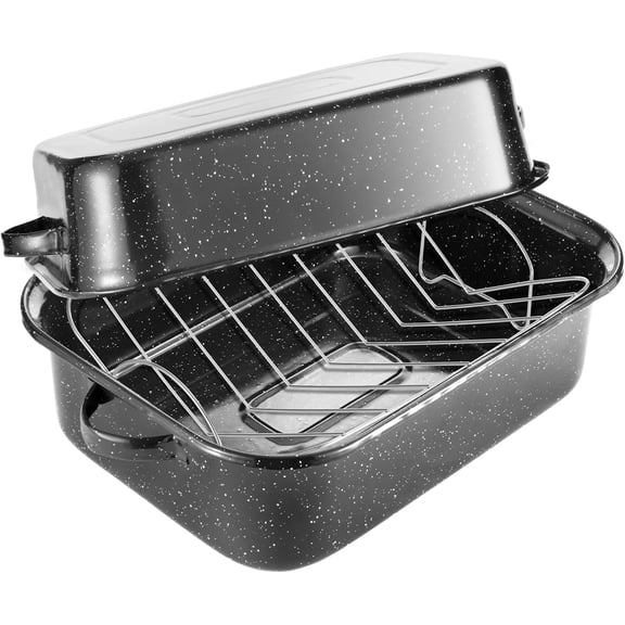Granite Roasting Pan With Rack, Turkey Roaster Pot Holder For Kitchen Oven Cooking Baking, Covered Meat Dish With Dual Lid, Classic Style, Black Speckled, 3 Piece Set