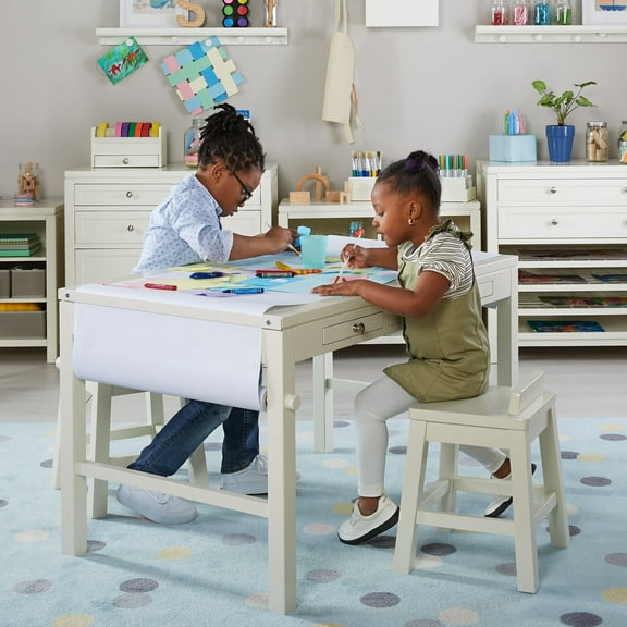 Martha Stewart Crafting Kids' Art Table and Paper Roll - Linen White: Wooden Drawing and Painting Desk with Bins for Children
