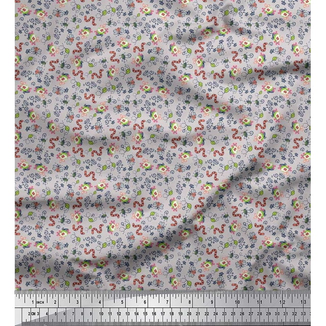 Soimoi Japan Crepe Satin Fabric Earthworm,Fruit & Insect Fabric Prints by Yard 42 Inch Wide