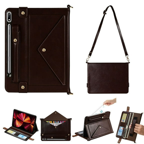 Dteck Handbag for Samsung Galaxy Tab S9 FE Plus 12.4 Inch Tablet, Folio Stand Crossbody Wallet Case with Card Holder Thin Pocket Hand Strap Removable Shoulder Strap for Galaxy Tab S9 FE ,Coffee