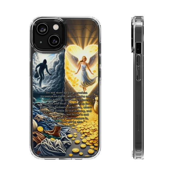 DistinctInk Hybrid (Acrylic / TPU) Clear Slim Fit Case for Apple iPhone 12 MINI (5.4" Screen) - "Matthew 6:19 - Storing Treasures in Heaven, Not Earth"