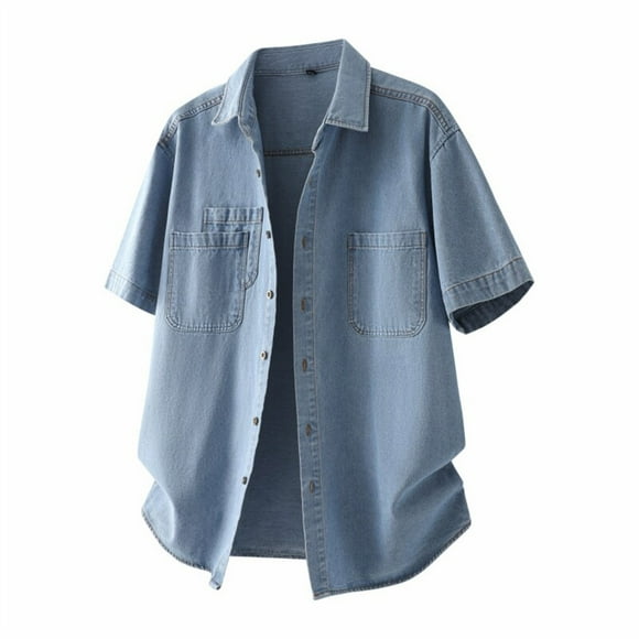 hoksml Men's Denim Button-Down Shirts Coat Summer Casual Solid Color Collared Short Sleeve Collar Pocket Summer Thin Fashion Shirt Tops 2025 Clearance
