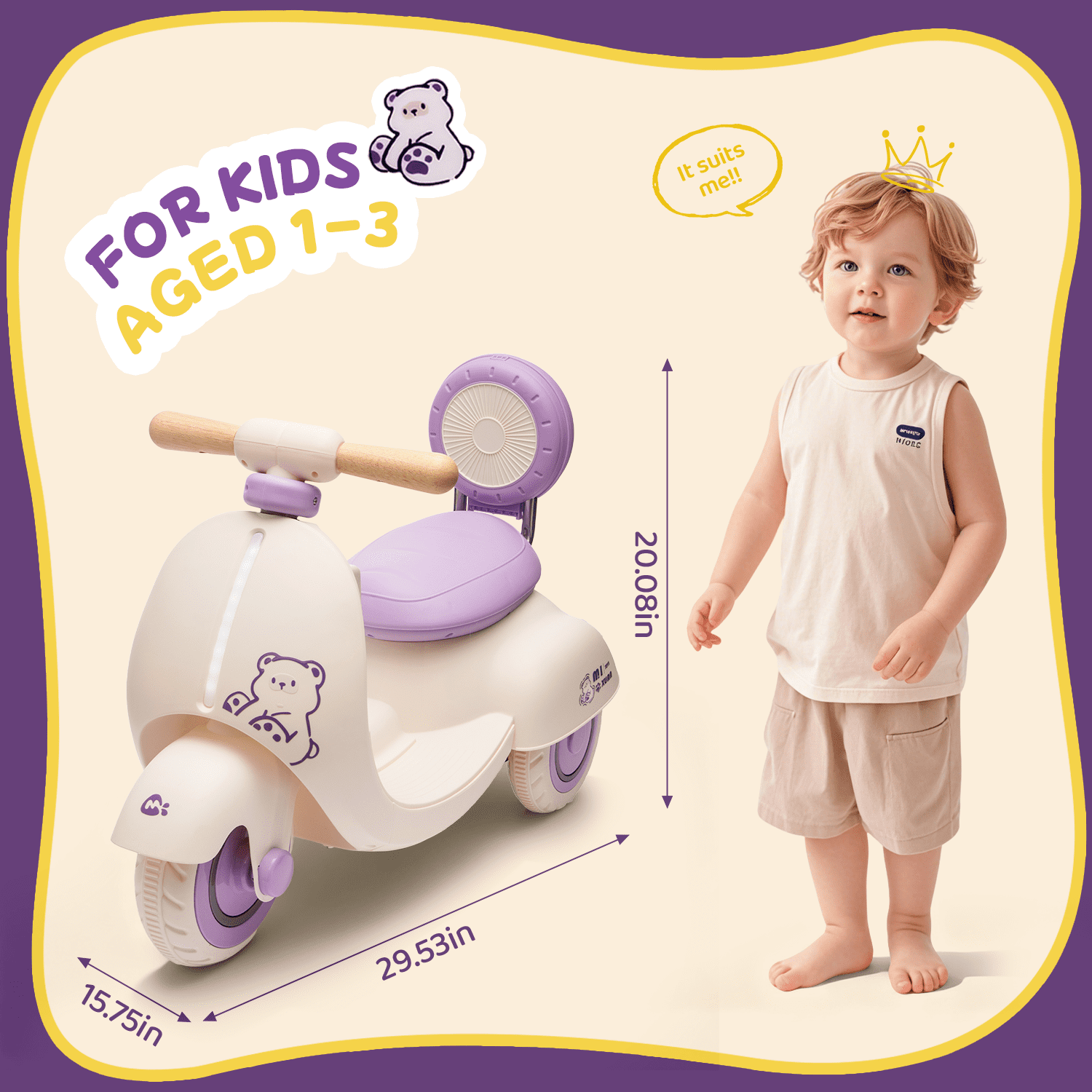 Track Seven 12V Ride on Motorcycle, 3-Wheel Toddler Electrc Scooter with Remote Control, Bluetooth, Wide Seat, Wooden Handle, Slow Start, Electric Motorycle for Boys Girls Aged 1-3 Years, Purple