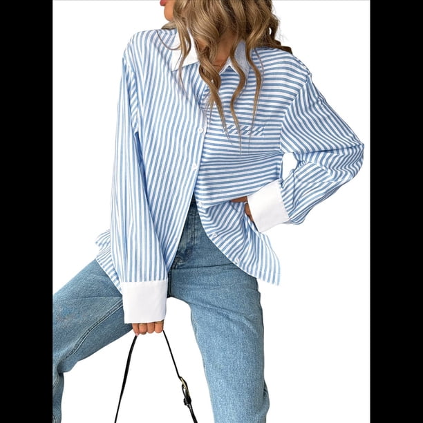 Camisa A Rayas con Botones para Mujer, Blusa Informal de Larga Azul M