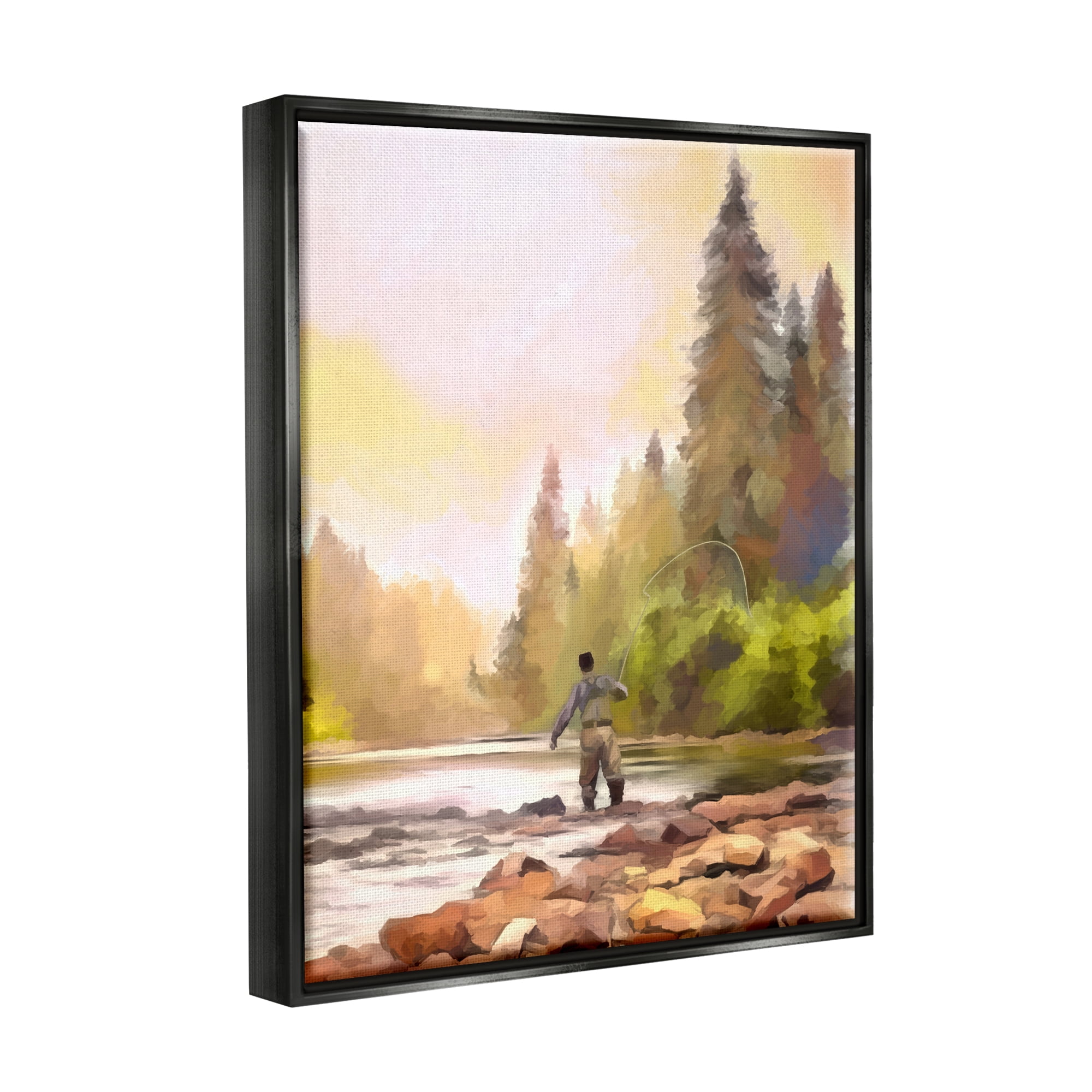 Stupell Industries Fly Fishing at Lake Nature Painting Black Floater Framed Art Print Wall Art, 25 x 31