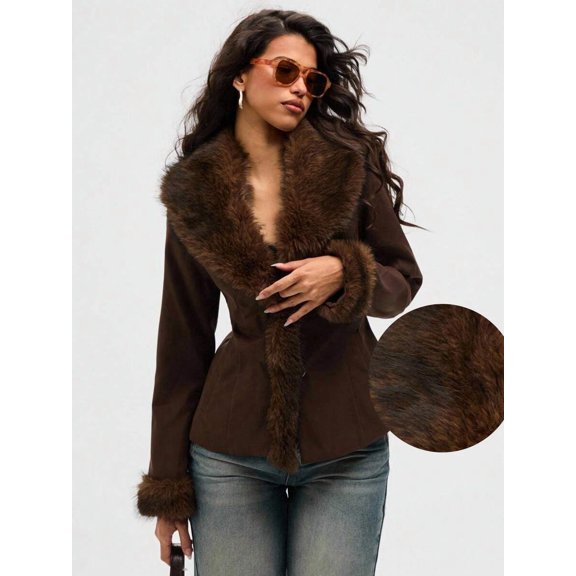 Brown Women's Fashionable Commuter Fuzzy Patchwork Coat, Autumn/, Black
