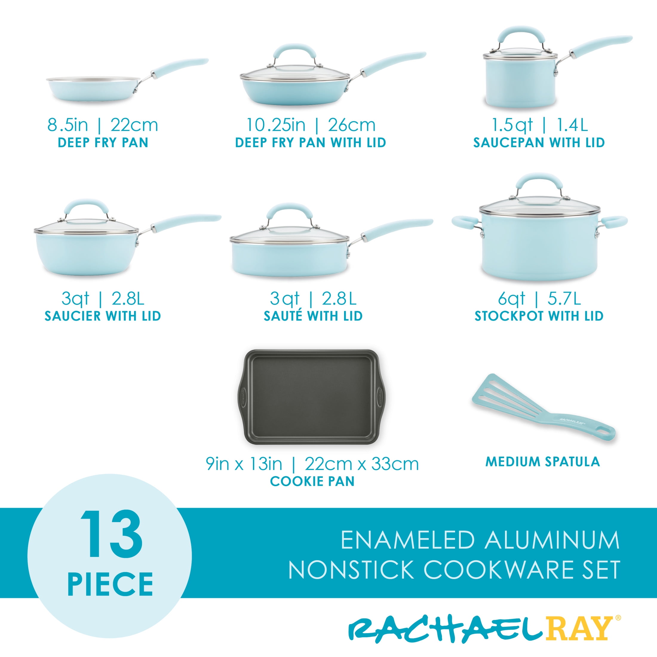 Rachael Ray 13 Pc Create Delicious Aluminum Nonstick Cookware Set, Light Blue Shimmer