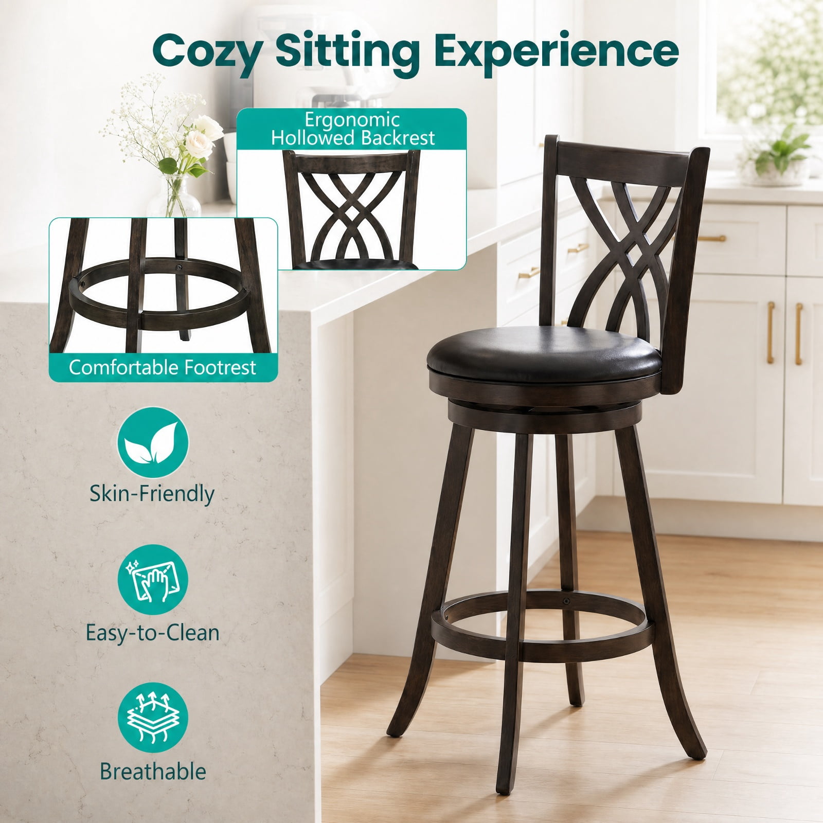 Furnibear Set of 2 Swivel Counter Height Bar Stools with Rubber Wood Frame and Backrest