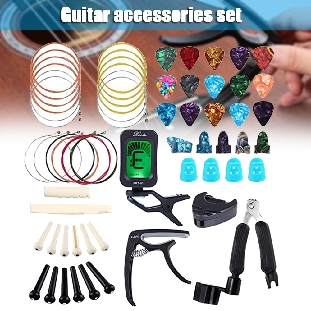 50 PCS Guitar Accessories Kit Including Guitar Strings Bridge Saddle and Nut for Beginner Bridge Pins Capo Tuner Thumb Finger Picks 3 in 1String Winder Pick Holder Picks 