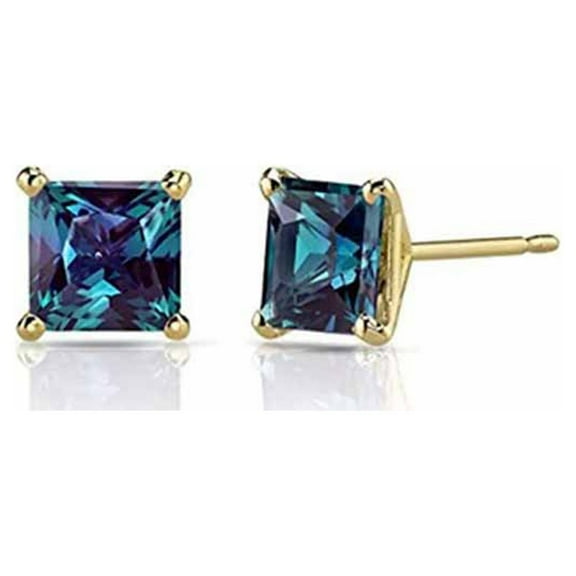14k Yellow Gold 3mm Push Back Princess Plated Alexandrite Stud Earrings by Paris Jewelry