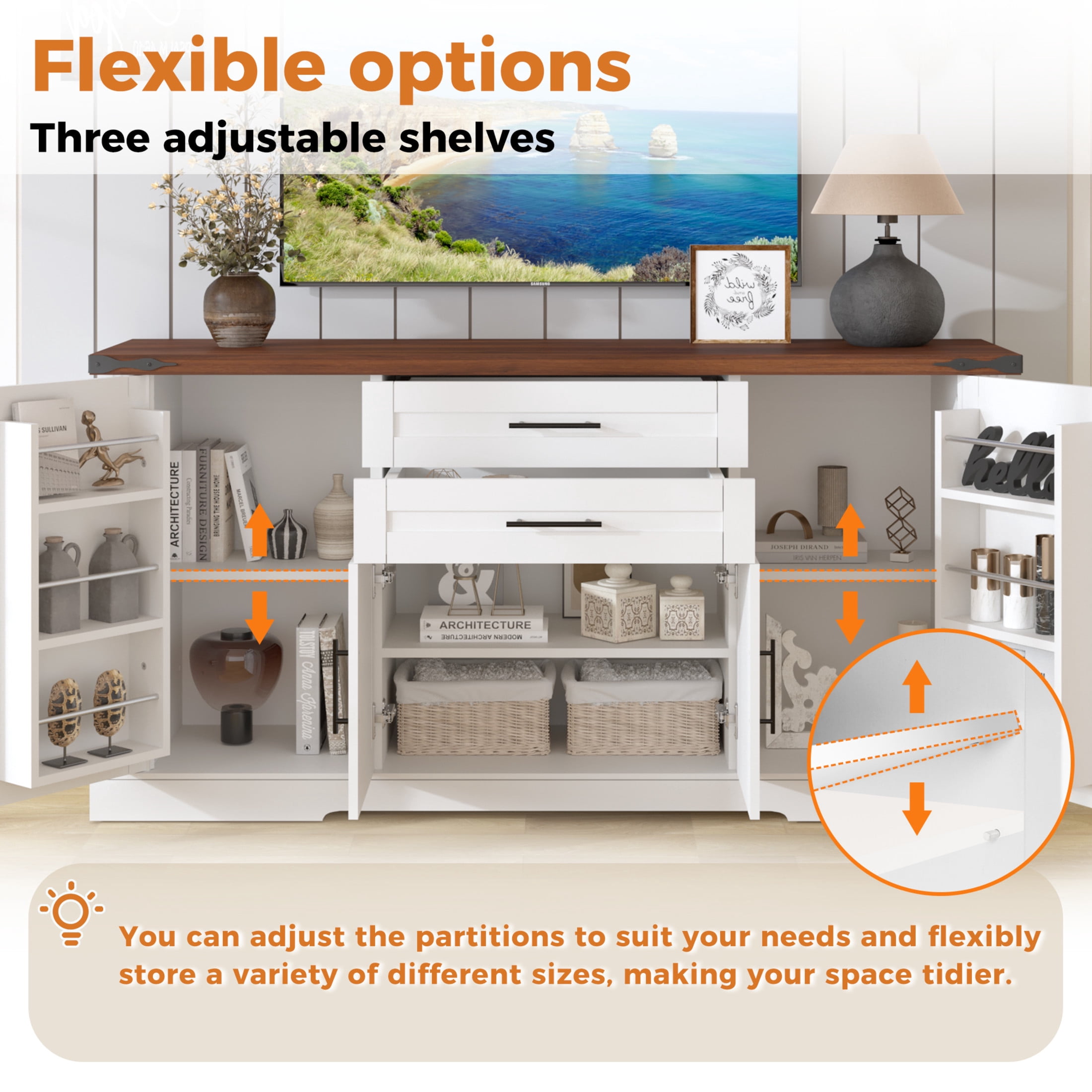 Noble House 63" Farmhouse Buffet Cabinet with 2 Drawers, Adjustable Shelves and Door Racks, White