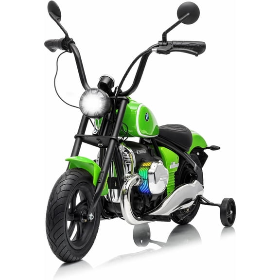 Officially Licensed BMW 24V Electric Ride-On Motorcycle with 200W Brushless Motor, Removable Training Wheels, Dual Shocks, Key Start, Hand Brake, LED Headlight, Ages 6-12,Green