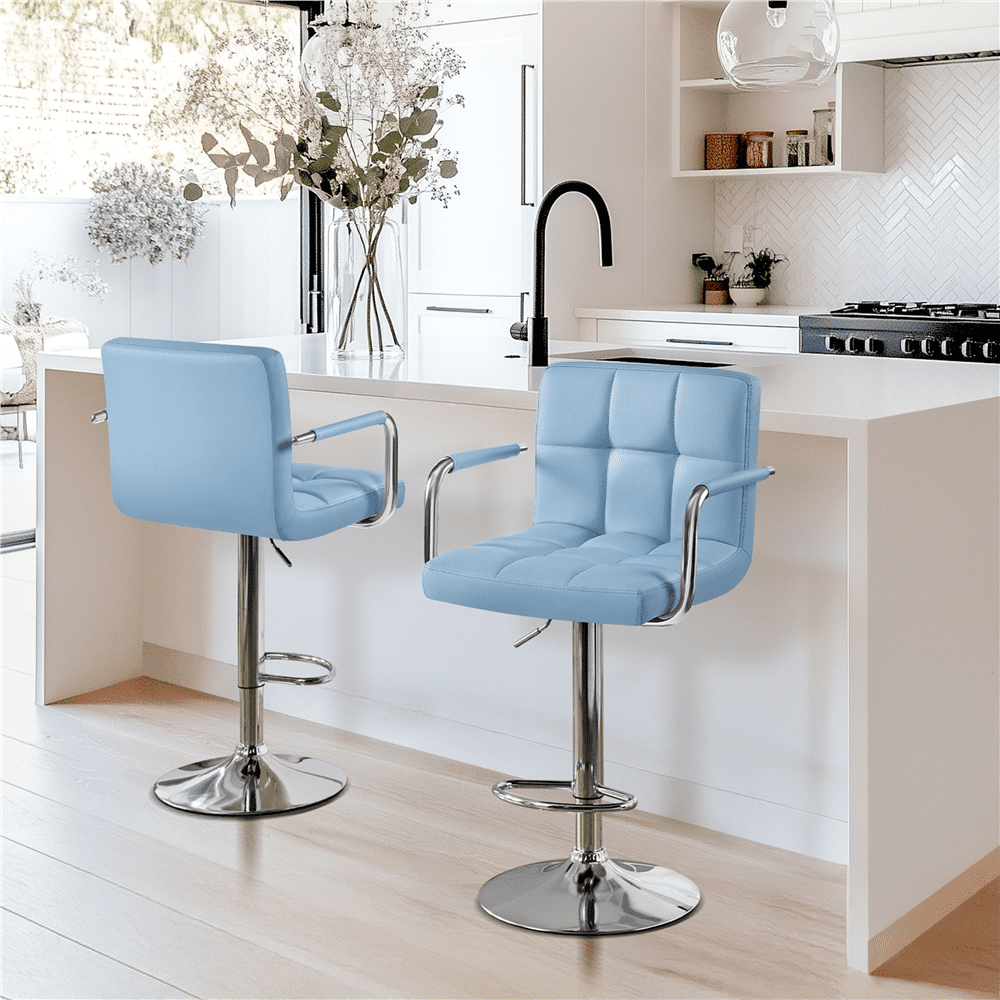 Alden Design PU Leather Bar Stools with Large Steel Pedestal Base, Set of 2, Blue
