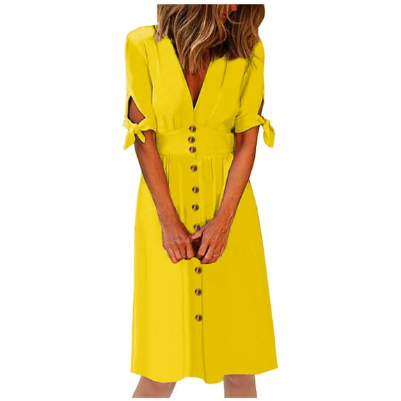 KEJIG Dresses For Women Summer Dresses Plus Size Women Casual Dresses Short Sleeve V Neck Dress Elegant Women Button Plain Dress Short-Sleeve Dress Yellow For Special OccasionsDress for women