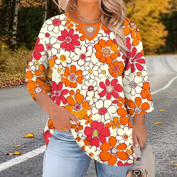 Retro Floral Graphic T-Shirt for Women Split V-Neck Keyhole 3/4 Sleeve Relaxed Fit Flare Top Bohemian Style Casual Outdoor Spring Fashion Clothes