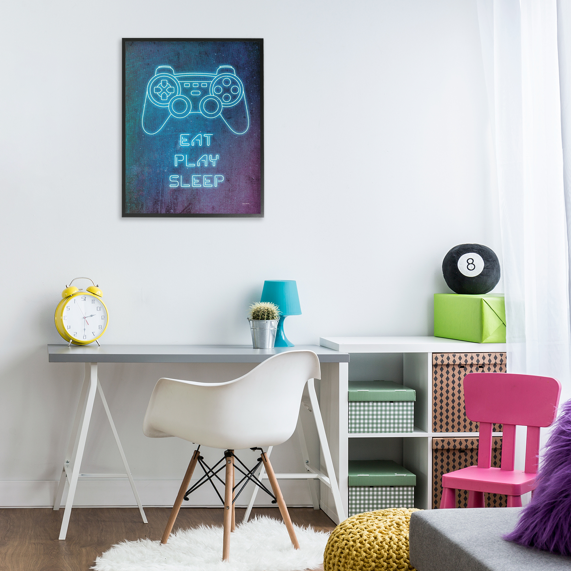Stupell Industries Eat Play Sleep Neon Typography Painting Black Framed Art Print Wall Art, 24 x 30
