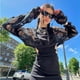 thumbnail image 2 of Top corto de punto suelto de verano para mujer con cuello redondo y mangas largas, negro XL, diseño calado, 2 of 8
