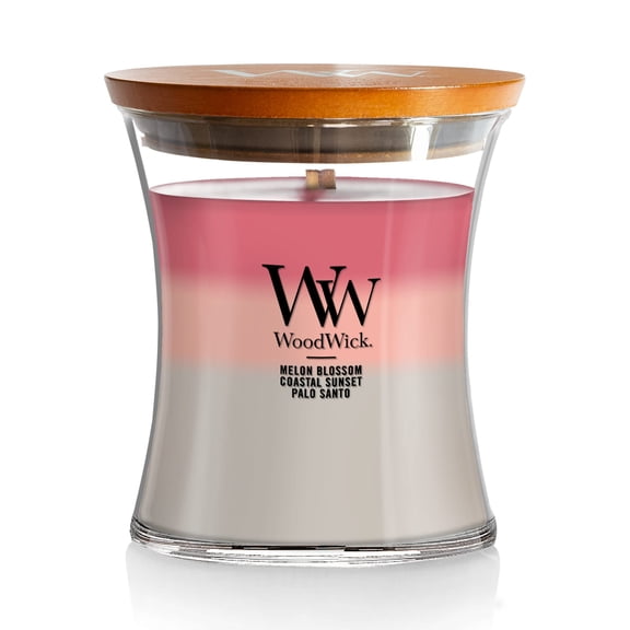 WoodWick Medium Shoreline Trilogy Hourglass Scented Candle, Crackles as it Burns, Melon Blossom | Coastal Sunset | Palo Santo, 9.7oz