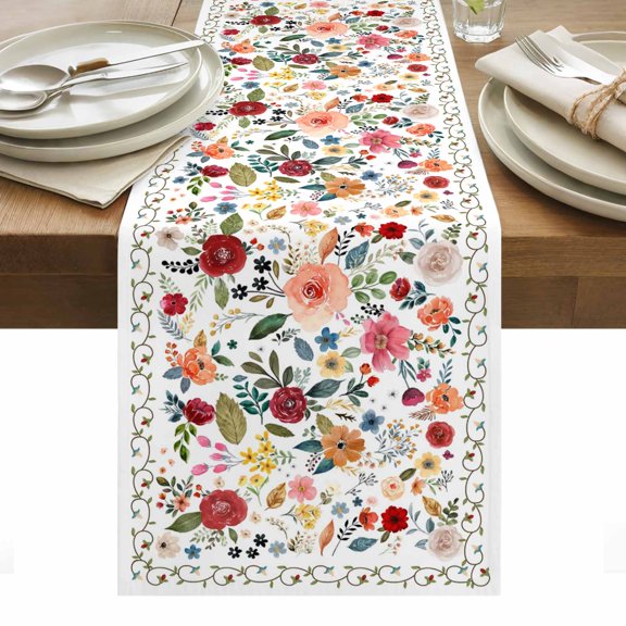 Watercolor Flowers Table Runner - 48 Inch Long, Kitchen Dining Table Runner Dresser Scarves, Farmhouse Spring Floral Botanical Farmhouse Decor for Coffee Tables Wedding Party Banquet