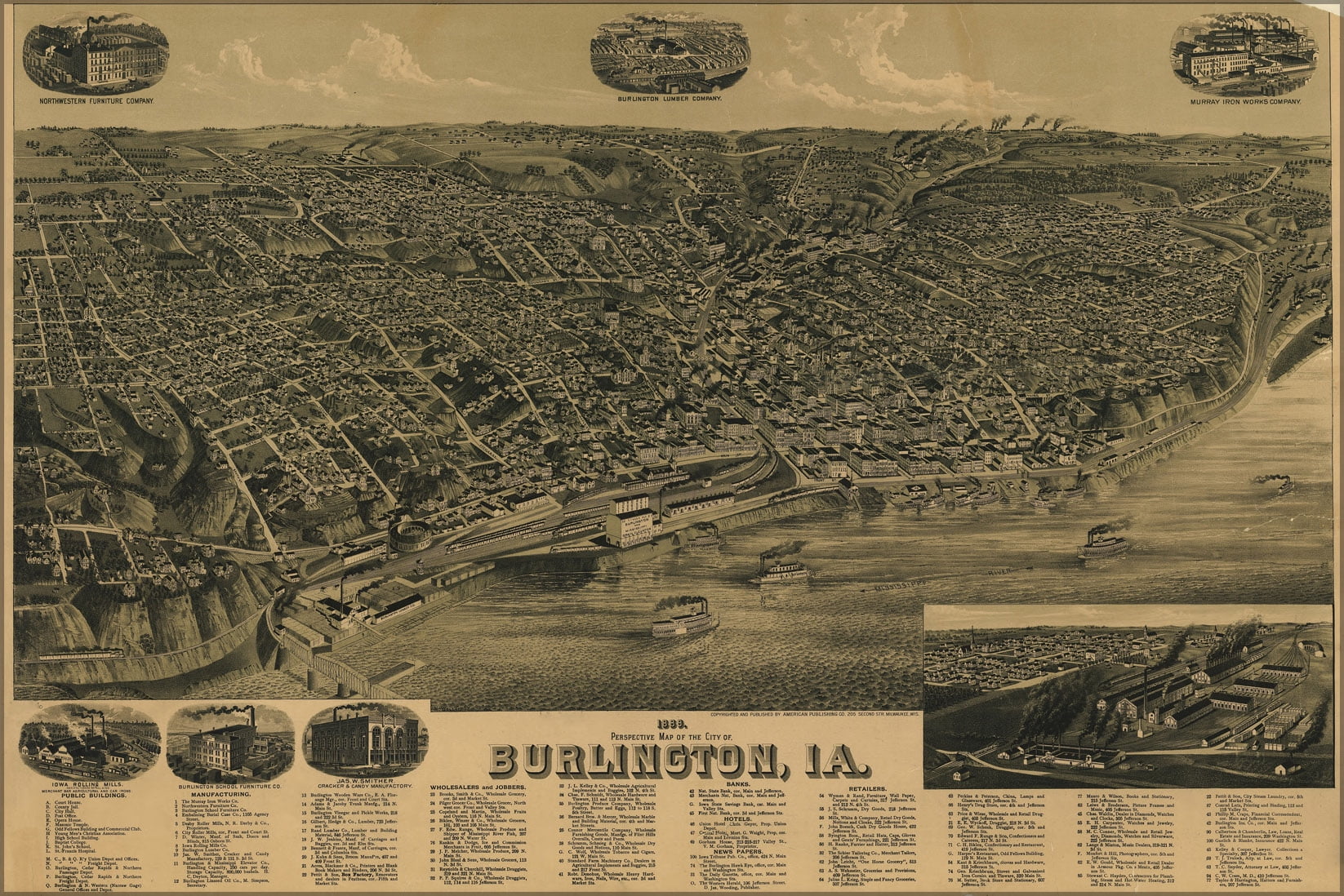 Poster molte dimensioni; Birdseye Vedi Mappa Di Burlington Iowa 1889 