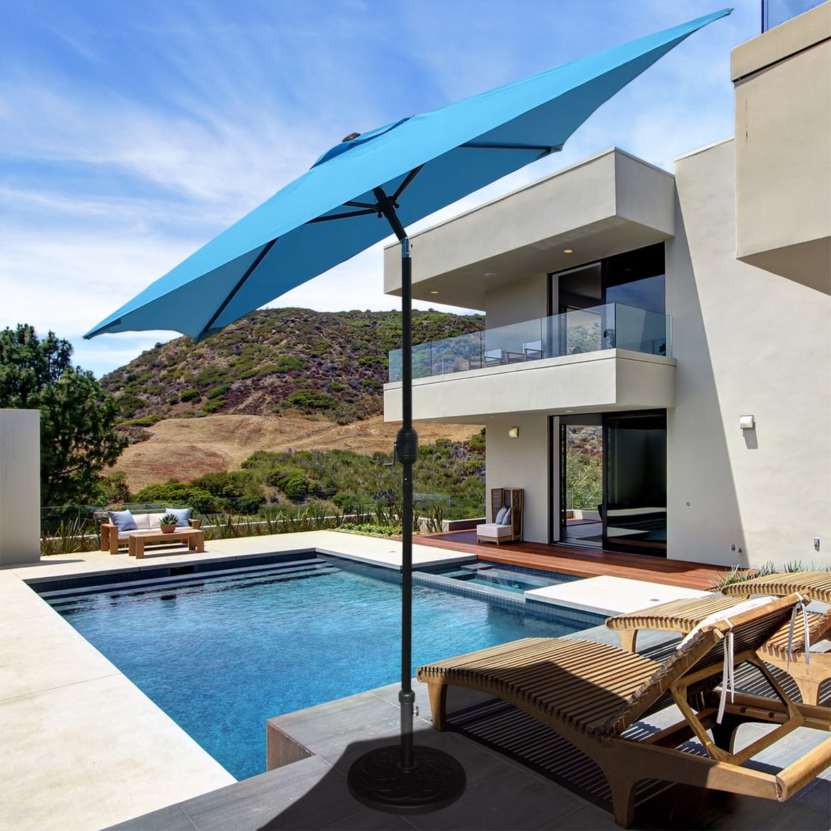 Abble 6.5' Square Aqua Patio Umbrella, Steel Pole, Alloy Tilt