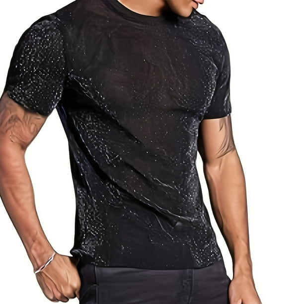 pstuiky camisetas de hombre, Camiseta de manga corta con cuello redondo y malla transparente de alto rebote con tirador brillante para hombre camisetas de hombre xl