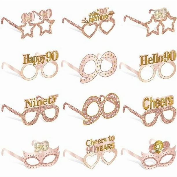 wonima44 24PCS 90th Birthday Paper Eyeglasses Decorations for Women, Pink Rose Gold Happy 90th Birthday Eyeglasses Party Supplies, Funny Ninety Year Old Birthday Glasses Photo Props Decor