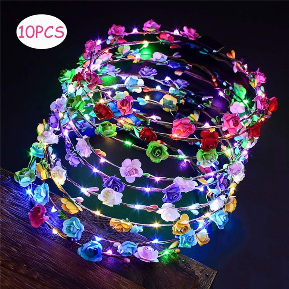 10 Pcs LED Flower Crown Adjustable Flower Wreath Headband Headpiece Flower Headdress for Women Wedding;10 Pcs LED Flower Crown Adjustable Flower Wreath Headband Headdress