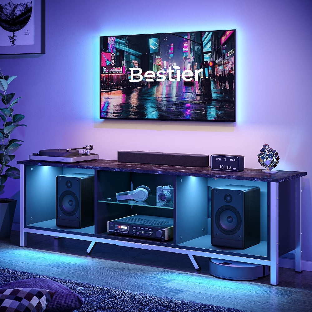 Bestier 70" TV Stand for TVs up to 80" with LED Lights Modern Gaming Entertainment Center, Black Marble