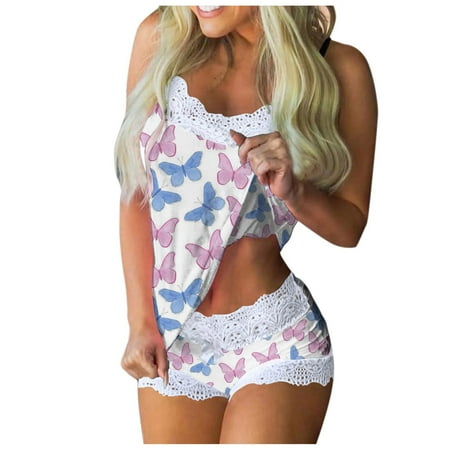 

Qcmgmg 2 Pack Nightgown Sexy Pjs Lace Sleepwear Butterfly Print Cami and Shorts Set Pajamas Set for Women