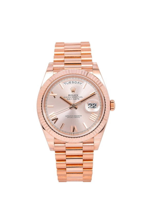 Pre-Owned Rolex Day-Date 40MM 228235 Sundust Roman Dial Fluted Bezel 18K Rose Gold President Bracelet