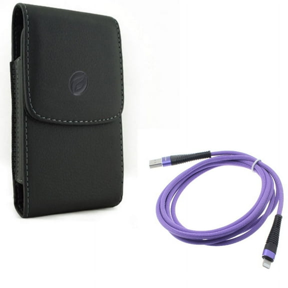 Purple 6ft USB Cable w Leather Case Belt Clip for iPhone XS Max/8 PLUS/7 Plus/6S Plus/6 Plus - Charger Cord Power Wire Braided Long and Holster Cover Pouch Vertical Carry