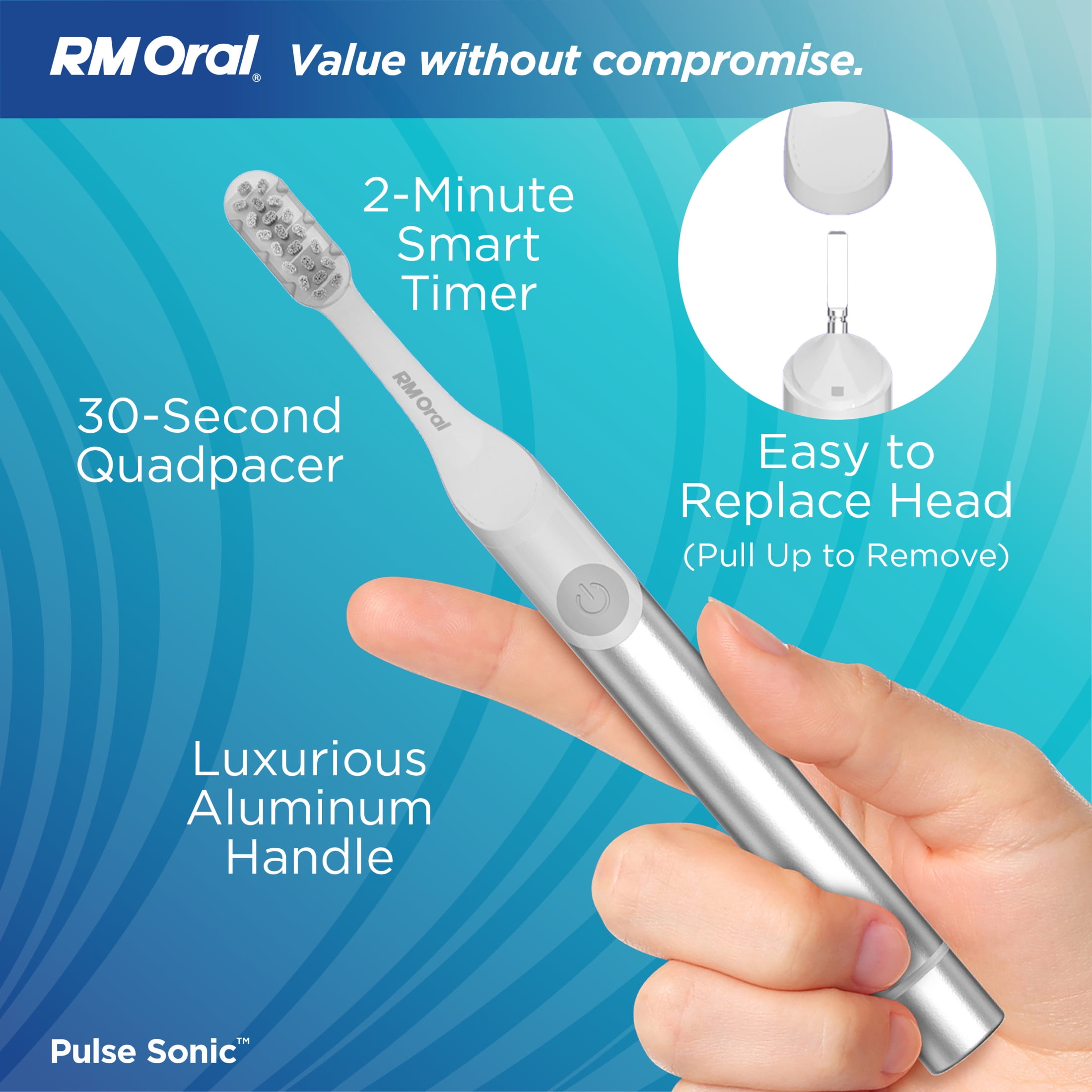RM ORAL Pulse Sonic Powered Toothbrush, Metal Handle, Case, Soft - Silver