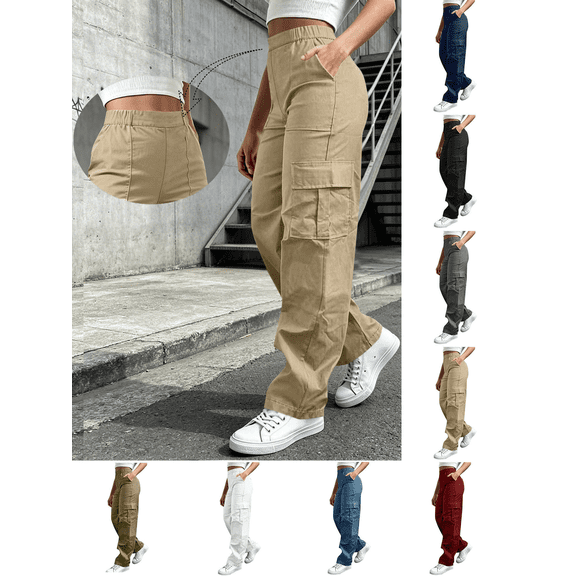 Liuinsasek Womens Cargo Long Pants Solid Color Casual With Elastic Waist Multiple Pockets Outdoor Hiking Sport Pant