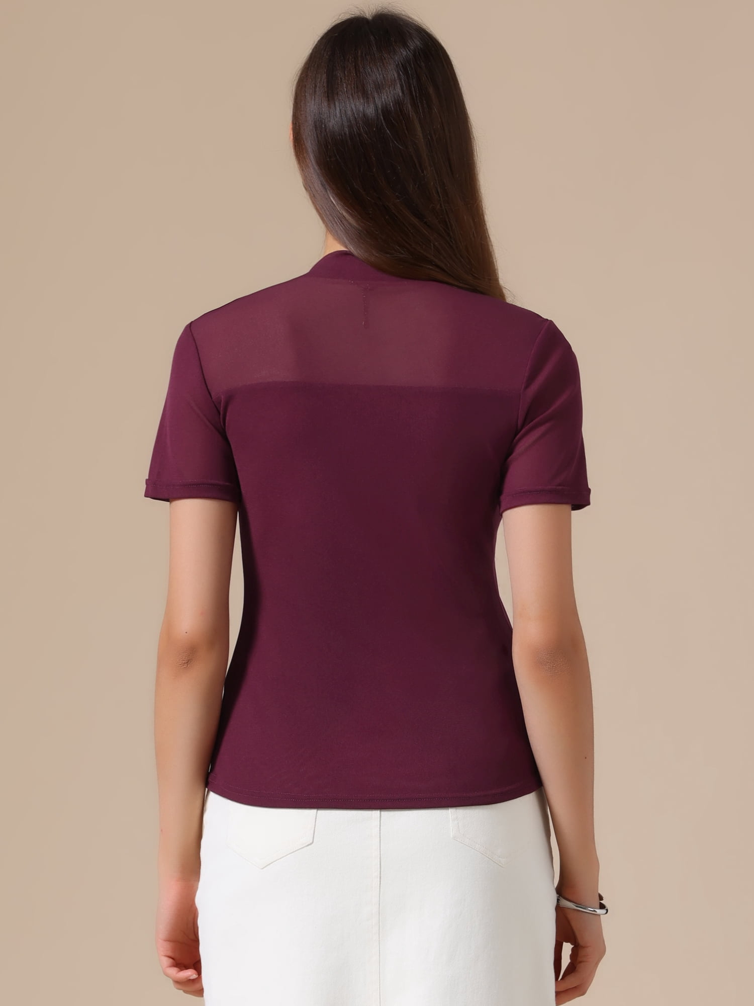 DARING DIVA Women's Mock Turtle Neck Short Sleeve Top Sheer Mesh Shirts 2XL Wine Red