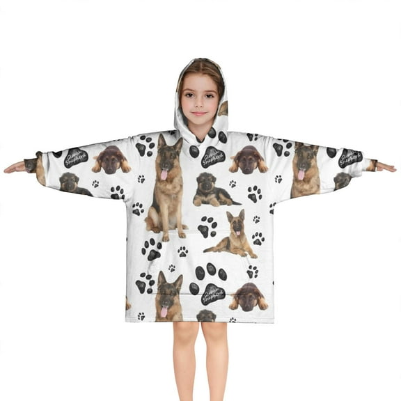 German Shepherd Dog and Footprint Blanket Hoodies for Kids 6-13YR Oversize Wearable Blanket Hoodies for Boys Girls Teens