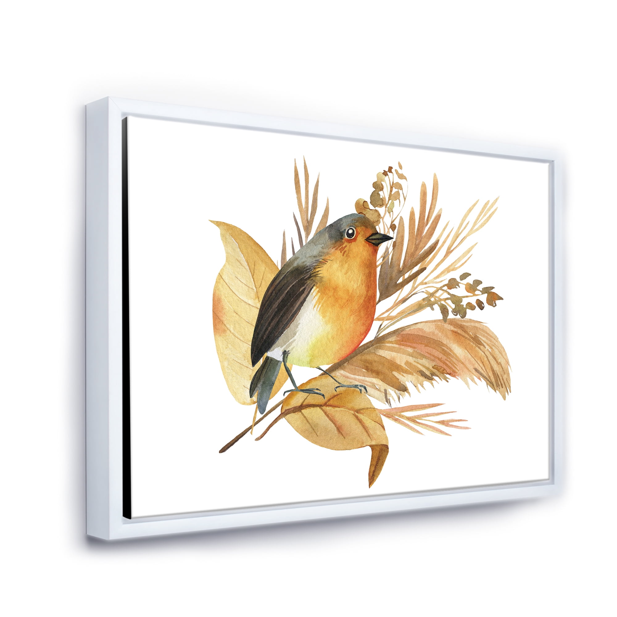 Designart 'Autumn Flowers and Robin Bird' Traditional Framed Canvas Wall Art Print