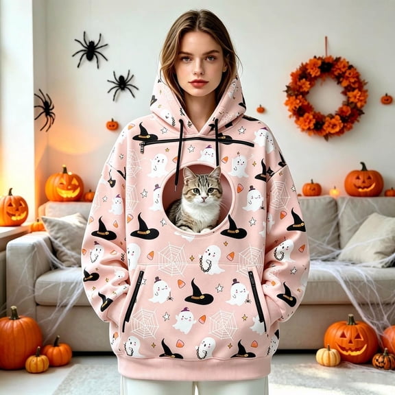 WAYUTE Oversized Pet Pouch Hoodie Cute Long Sleeve Sweatshirts for Small Cat Puppy Holder Carrier Soft Cozy Halloween Tops Comfortable Casual Party