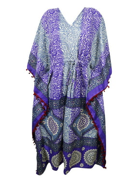 Mogul Purple Maxi Long Caftan Printed Pom Pom Tassel V Neck Silk Blend Beach Cover Up Sleepwear Wedding Kaftan Dress 4X