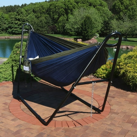 800 Lb Capacity Hammock Sunnydaze Double Nylon Parachute Camping Hammock, Includes Carabiners and 2 Person Multi-Use Steel Hammock Stand, 440 Pound Capacity, Blue and Olive ()