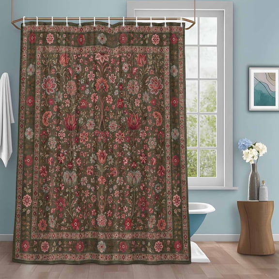 Central Floral Arabesque Shower Curtain with Hooks, Rustic Red Botanical Vines Border Frame Water Repellent Shower Curtains for Bathroom Decor Sturdy Shower Curtain, Machine Washable 48x72 Inch