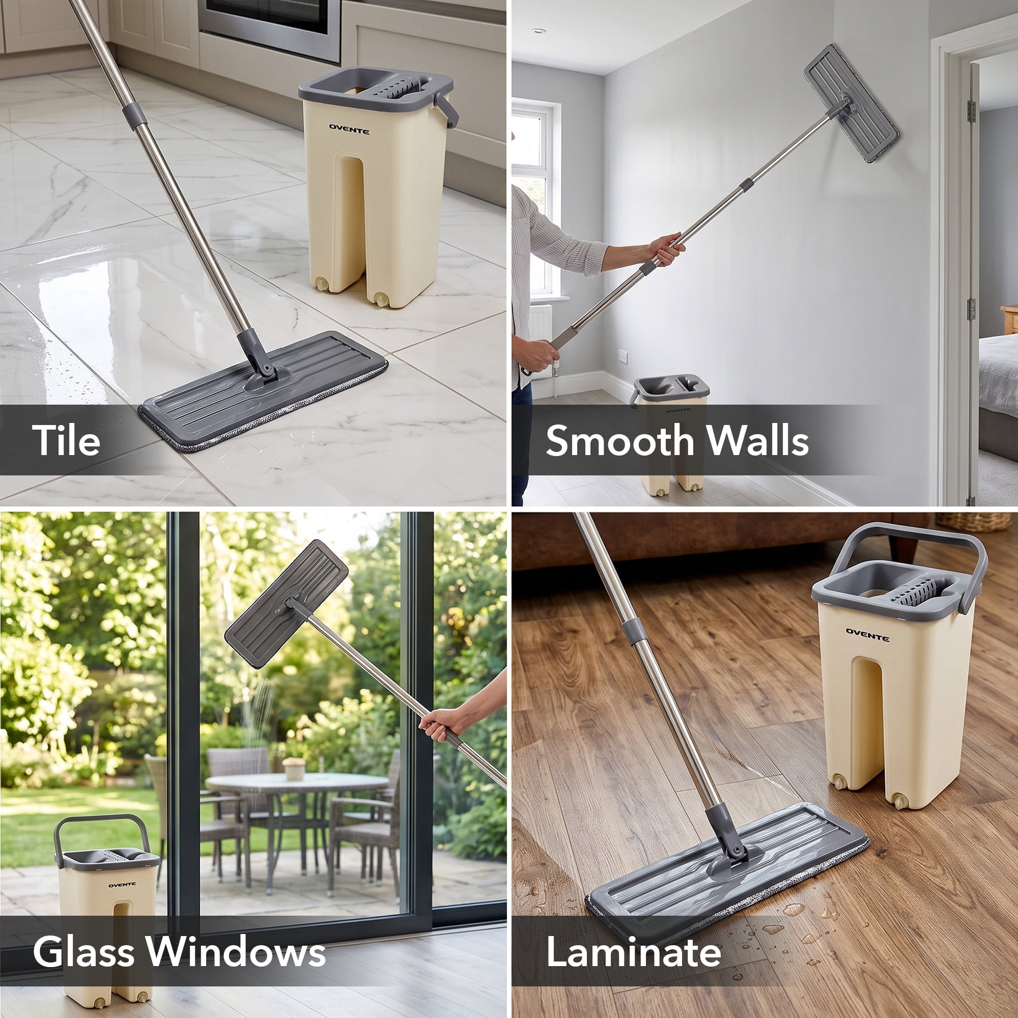 OVENTE Mop and Bucket Wringer Set, Washable Microfiber Pad, Beige MBP32BGG | 360° Rotating Head, Hands-Free Self-Cleaning Flat Floor Mop, Home Cleaner for Smooth Wall, Hardwood, Tile, Glass & More