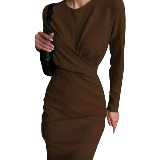 Robe Moulante Rétro à Manches Longues pour Femme, Taille Ajustée, Amincissante, Brun, TTG